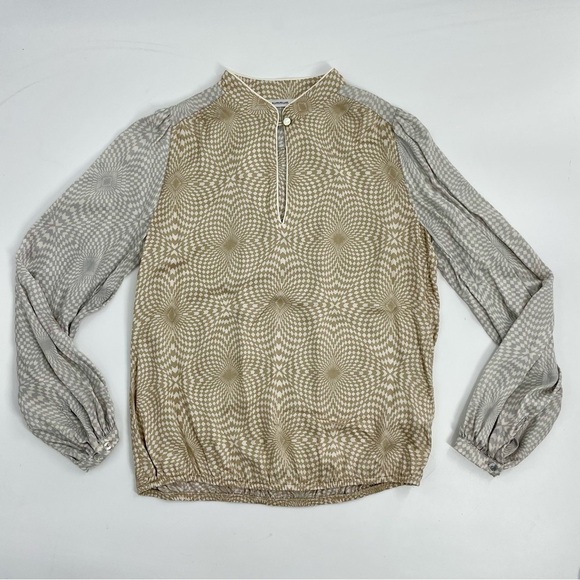 SUMMUM Kaleidoscope Luxury print top with puff sleeves in alpaca Neutral Small - Picture 5 of 14